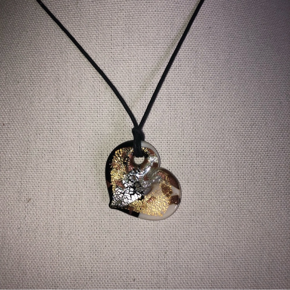 Murano Glass Heart Black & White with Gold, Silver, and Copper Crackle Glaze - Picture 4 of 12